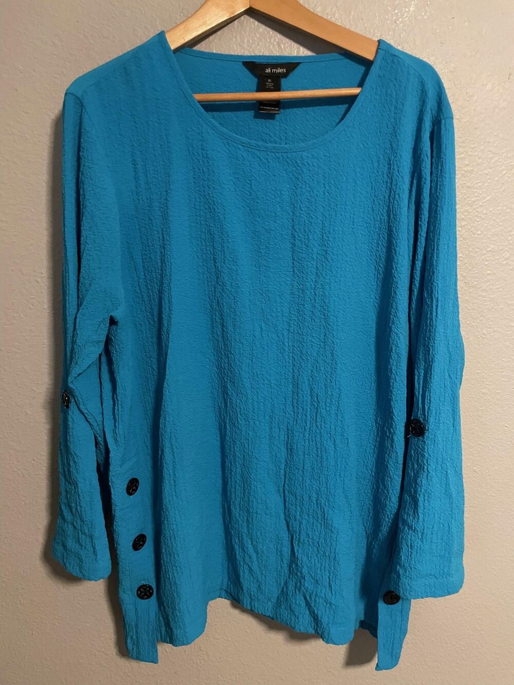 Ali Miles Tunic Top Womens XL Blue Crinkle Textured Long Sleeve Button Artsy